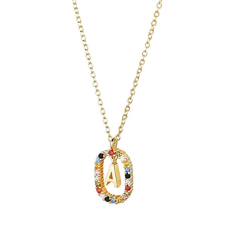 925 Silver 26 Letter Pendant Necklace Colorful Zircon CZ Women Jewelry