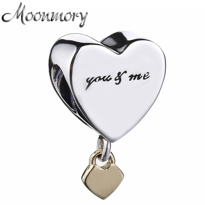 925 Sterling Silver You&Me Heart Lock Love Bead Bracelet Jewelry DIY