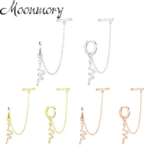 925 Silver Snake Piercing Earrings European Ear Cuff with Chain