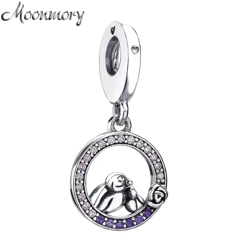 925 Silver Mother & Baby Bird Dangle Charms Bracelet Bangle Mother's Gift