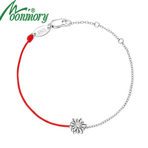 925 Sterling Silver CZ Silver Flower Bracelet Half Chain Half Red String