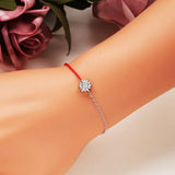 925 Sterling Silver CZ Silver Flower Bracelet Half Chain Half Red String