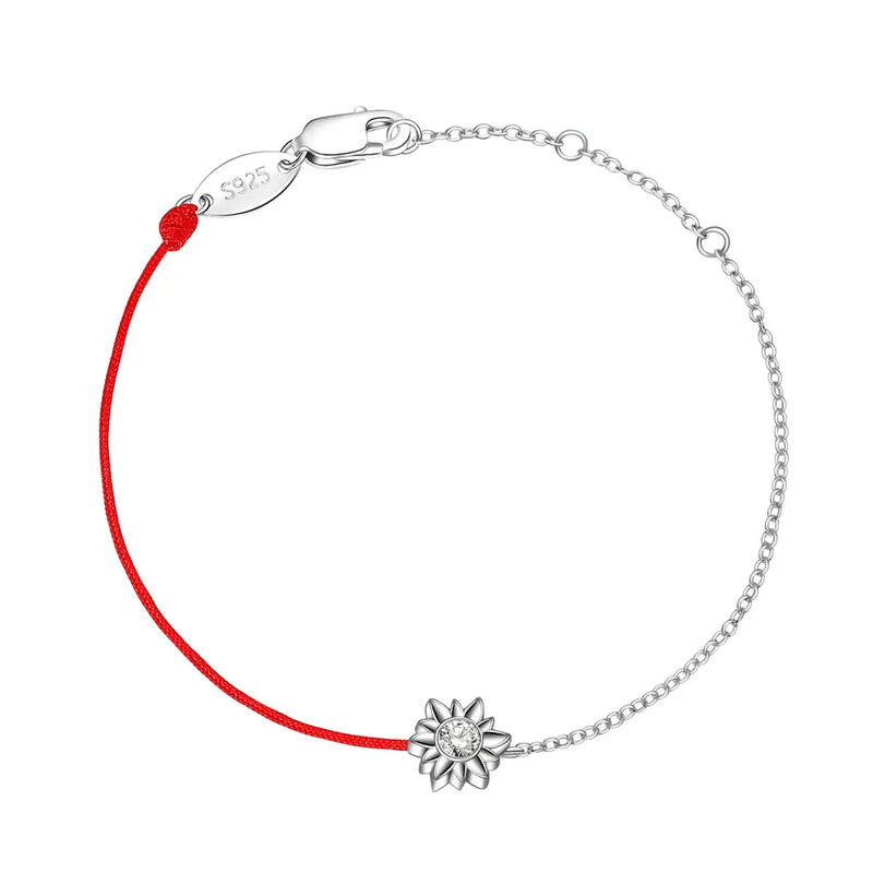 925 Sterling Silver CZ Silver Flower Bracelet Half Chain Half Red String