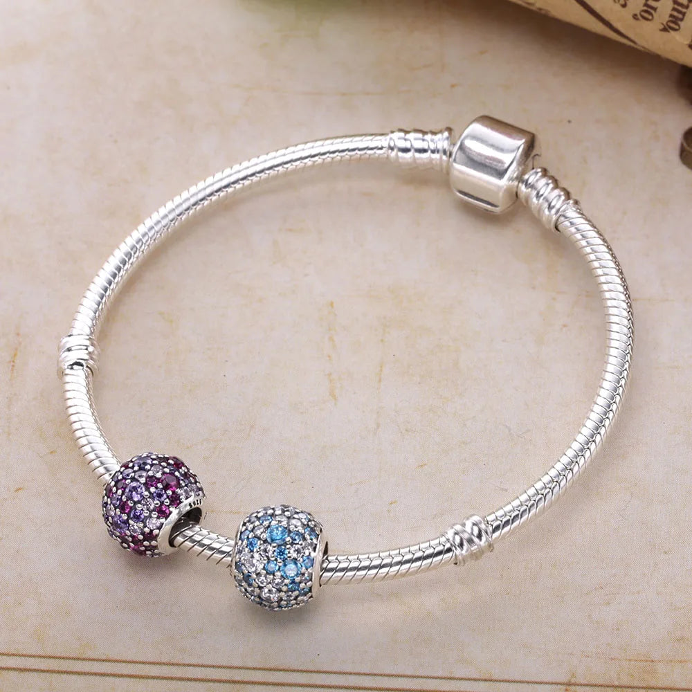 S925 Sterling Pave Lights Silver Charm Multi-Colored CZ Bracelet DIY Beads