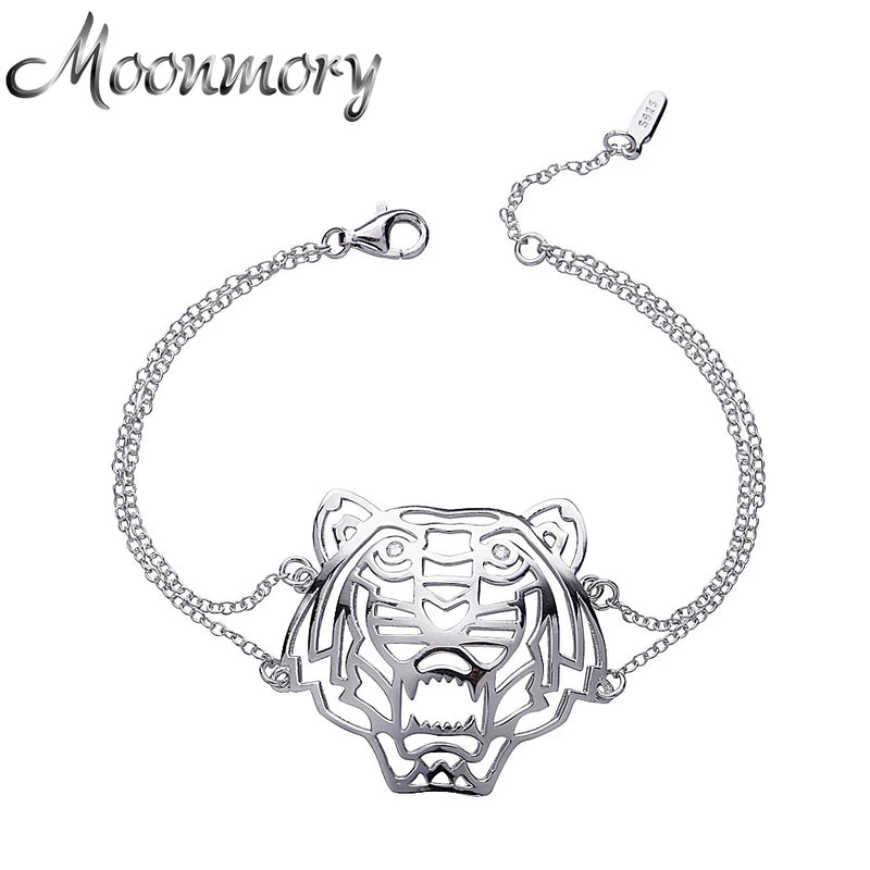 S925 Sterling Silver Tiger Chain Bracelet Animal Pendant