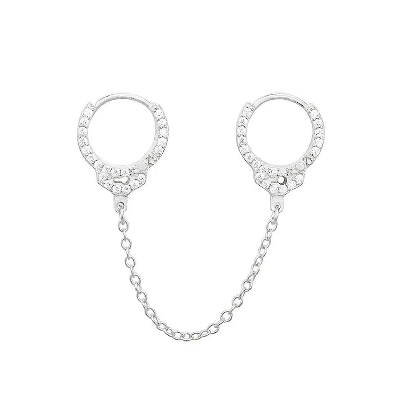 925 Silver Zircon Handcuffs Clip Earring Chain Lock Ear Cuff Jewelry
