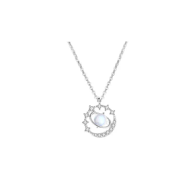 Moonstone 925 Silver Necklace Women Planet Zircon Pendant Chain Jewelry