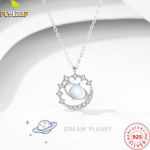 Moonstone 925 Silver Necklace Women Planet Zircon Pendant Chain Jewelry