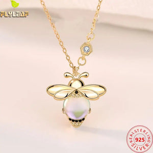 Moonstone Moon Bee 925 Sterling Silver Necklace Zircon Chain Fine Jewelry