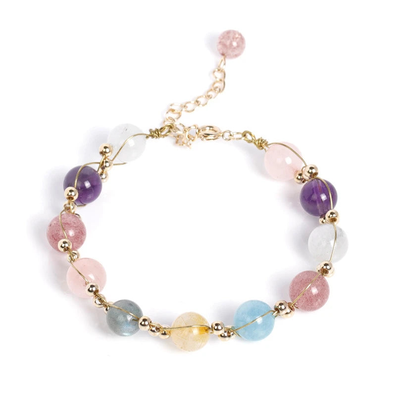 Moonstone Rutilated Quartz Strawberry Crystal Amethyst Aquamarine Bracelet