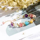 Moonstone Rutilated Quartz Strawberry Crystal Amethyst Aquamarine Bracelet
