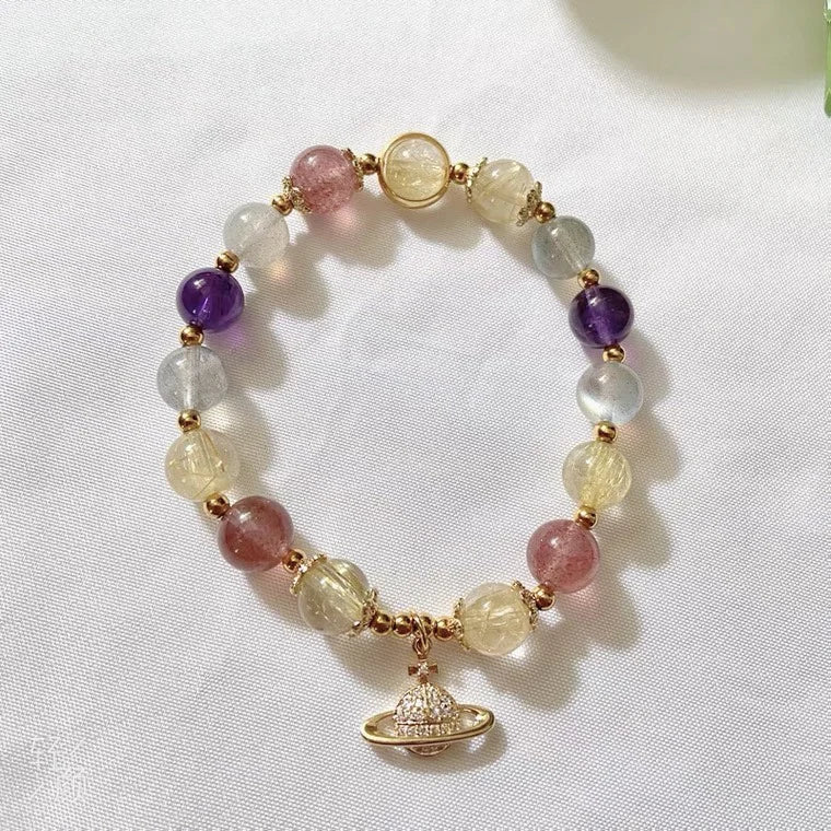 Moonstone Rutilated Quartz Crystal Bracelet 14K Plated Jewelry