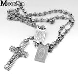 Moorvan 4mm Men Rosary Bead Necklace Stainless Steel, Women Cross Jewelry