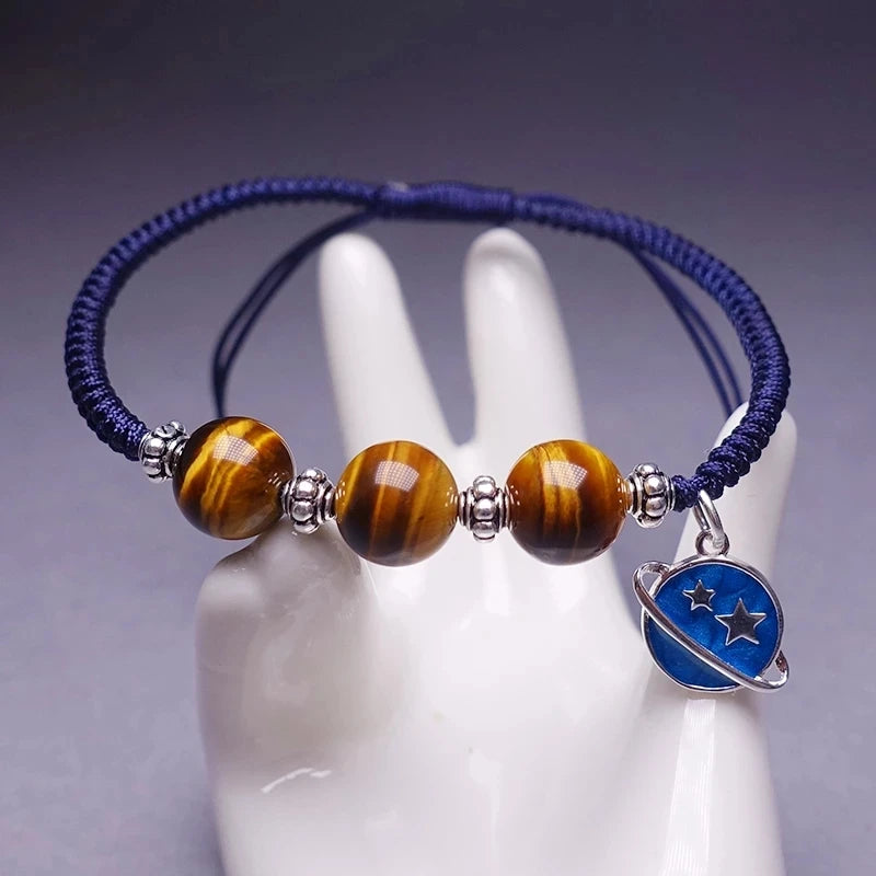 925 Sterling Silver Planet Pendant Bracelets Tiger Beads Handmade Thread Jewelry