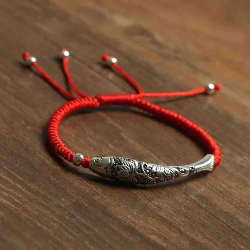 925 Silver Fish Charm Bracelet Red Thread Statement Jewelry