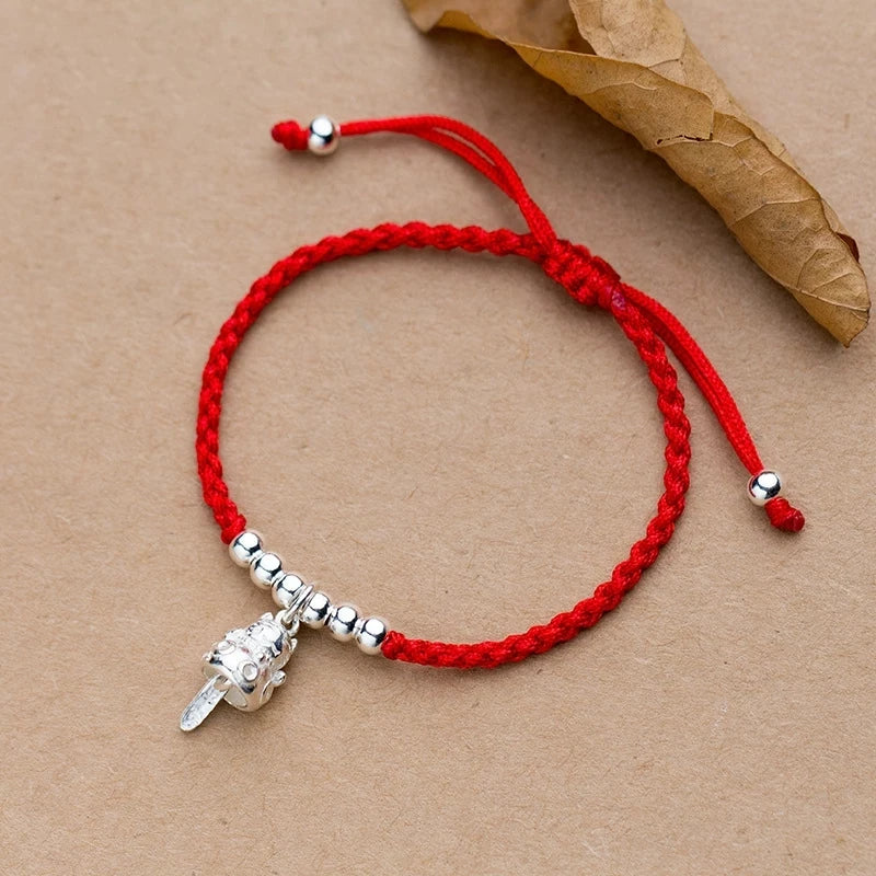 925 Silver Lucky Cat Bracelet Women Wedding Jewelry Red Thread Beaded
