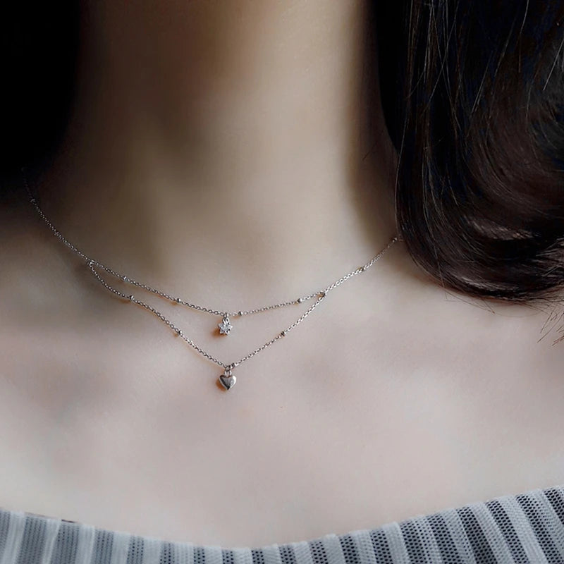 925 Silver Double Layer Star Heart Necklace Zircon Pendant