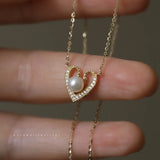 925 Silver Pearl Heart Pendant Necklace 14K Clavicle Jewelry