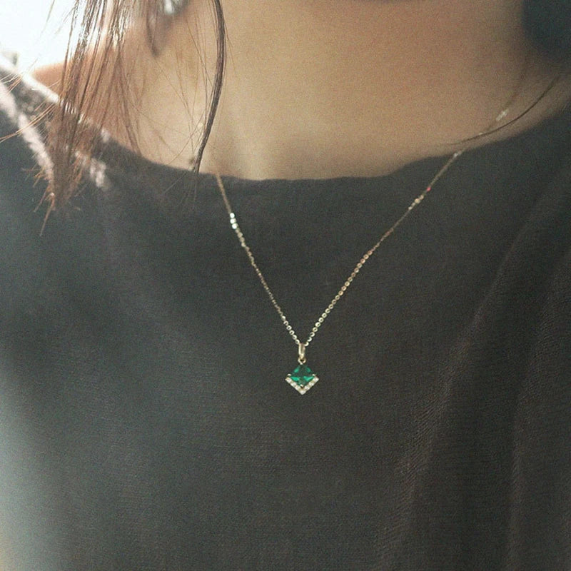 925 Silver Square Emerald Necklace Retro Pendant 925 Jewelry