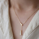 925 Silver Zirconia Triangle Pendant Necklace Y Shape 14K Stylish Jewelry