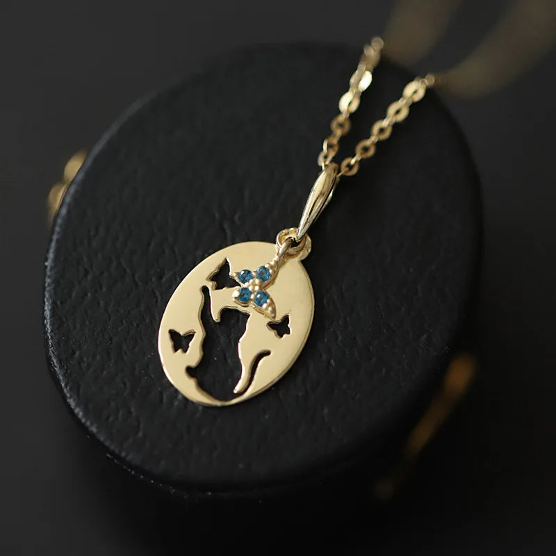 925 Silver Cat Butterfly Pendant Necklace Crystal Jewelry