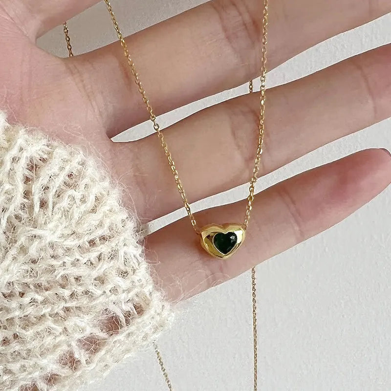 925 Silver Zircon Heart Pendant Necklace Colorful Stylish Minimalist Jewelry