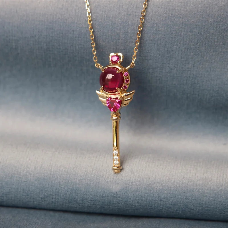 925 Silver Sailor Moon Pendant Necklace Red Crystal Scepter Jewelry