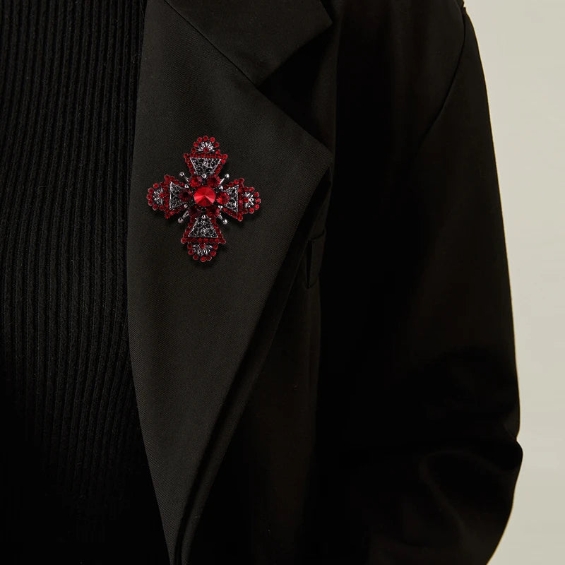 Baroque Red Rhinestone Cross Brooch Pin Vintage Jewelry
