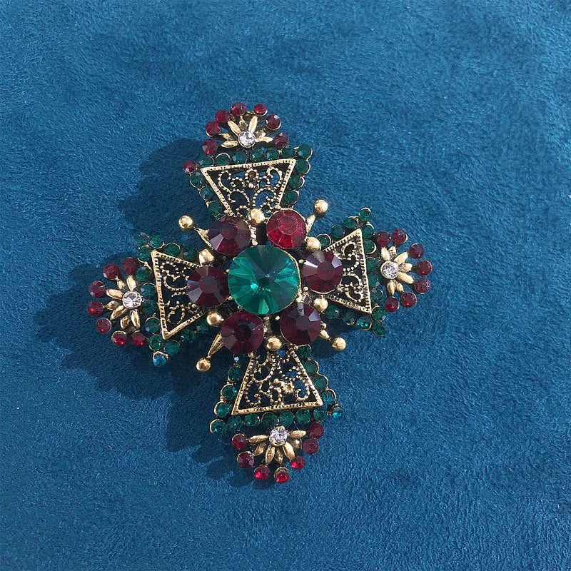 Baroque Red Rhinestone Cross Brooch Pin Vintage Jewelry