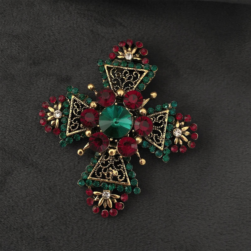 Baroque Red Rhinestone Cross Brooch Pin Vintage Jewelry