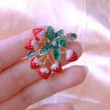 Red Rhinestone Strawberry Fruit Brooches and Enamel Flower Pins
