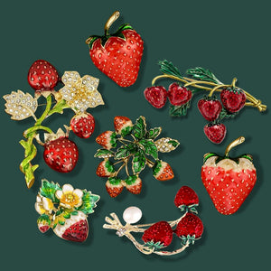 Red Rhinestone Strawberry Fruit Brooches and Enamel Flower Pins
