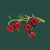 Red Rhinestone Strawberry Fruit Brooches and Enamel Flower Pins
