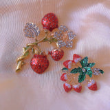 Red Rhinestone Strawberry Fruit Brooches and Enamel Flower Pins