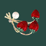 Red Rhinestone Strawberry Fruit Brooches and Enamel Flower Pins