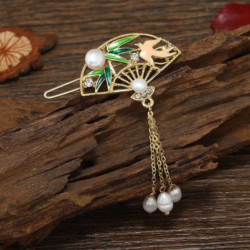Fan Shape Rhinestone Hair Clips Pearls Hairpin Tassel Pearl Side Barettes