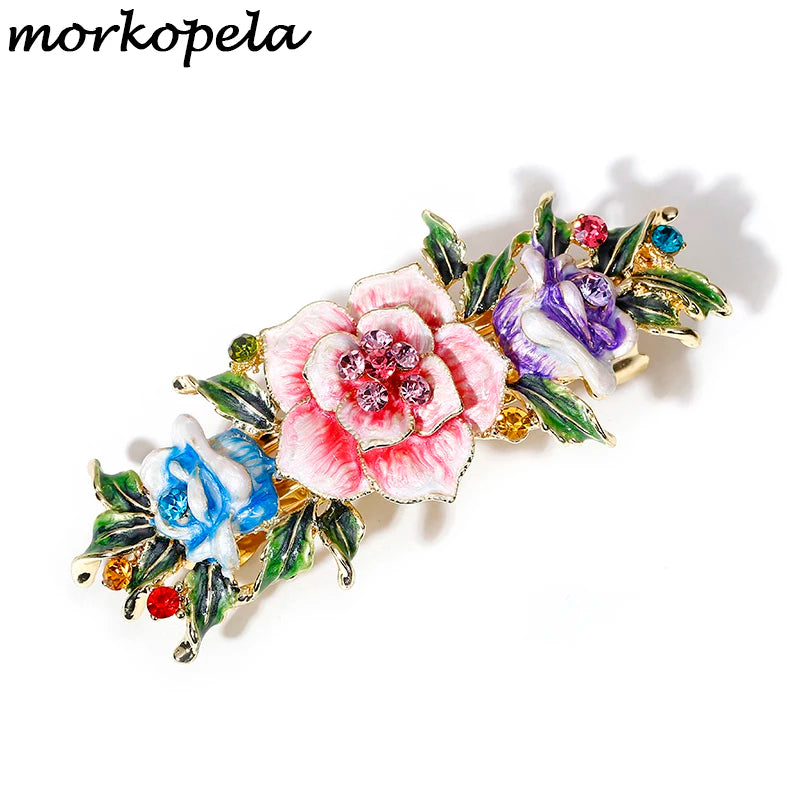 Vintage Flower Hair Clip Rose Rhinestone Pin Barrettes Women Banquet Accessories