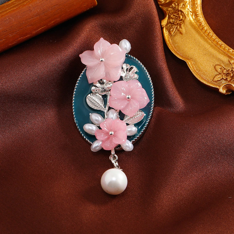 Pink Plum Blossom Brooch with Natural Stone Freshwater Pearl Brooches
