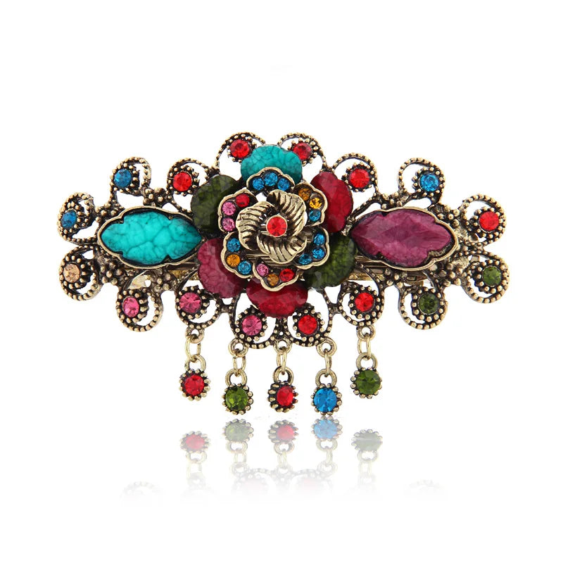 Retro Resin Peony Flower Hair Barrette Rhinestone Vintage Metal Barrettes Clips