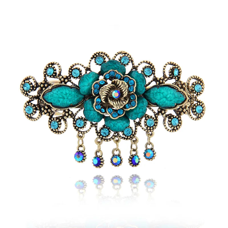 Retro Resin Peony Flower Hair Barrette Rhinestone Vintage Metal Barrettes Clips