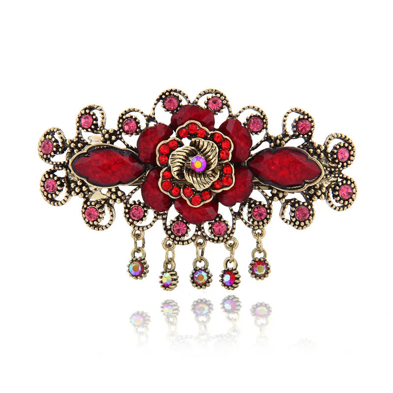 Retro Resin Peony Flower Hair Barrette Rhinestone Vintage Metal Barrettes Clips