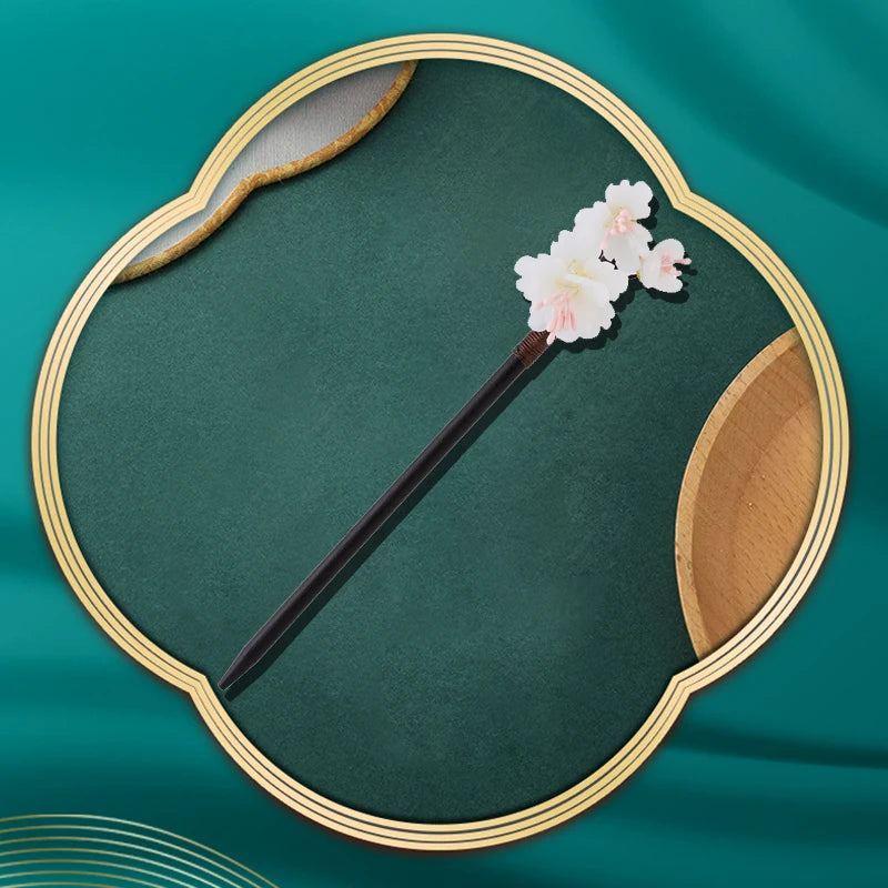 Vintage Chinese Wood Hair Sticks with Jade Flower