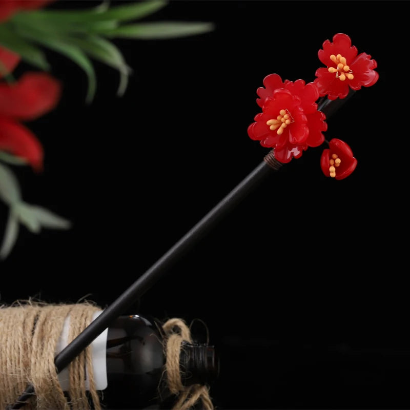 Vintage Chinese Wood Hair Sticks with Jade Flower