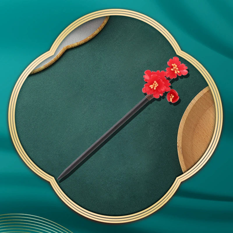 Vintage Chinese Wood Hair Sticks with Jade Flower