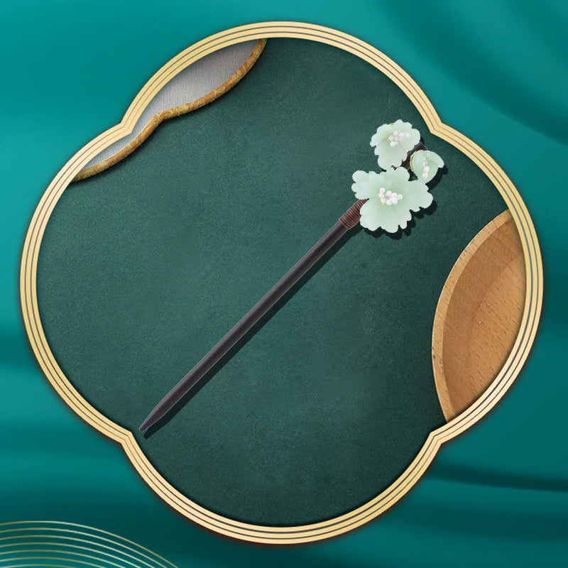 Vintage Chinese Wood Hair Sticks with Jade Flower