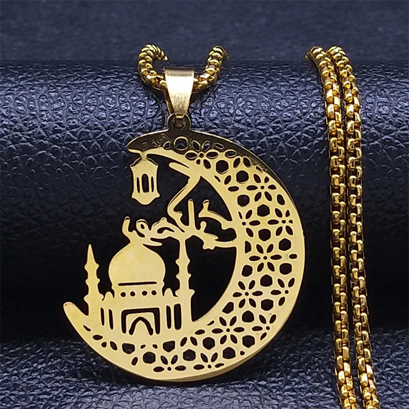 Muslim Pendant Necklace Stainless Steel Crescent Moon Necklace