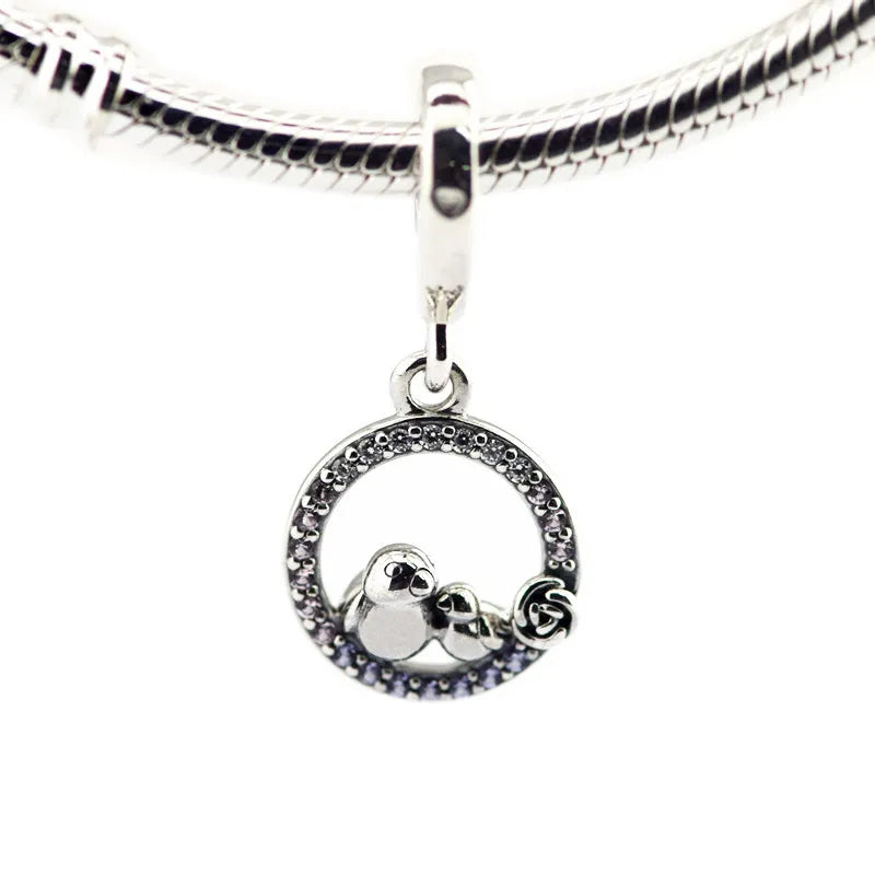Mother & Baby Bird Dangle 925 Silver Charms CZ Crystal Charms