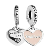 Mother Daughter Hearts Pendant for Bracelets Pink Enamel CZ 925 Silver