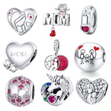 925 Sterling Silver Pink Zircon Mom Heart Beads for Women Bracelet Necklace