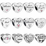 Family Love Heart Charm 925 Silver Beads Bracelet DIY Jewelry